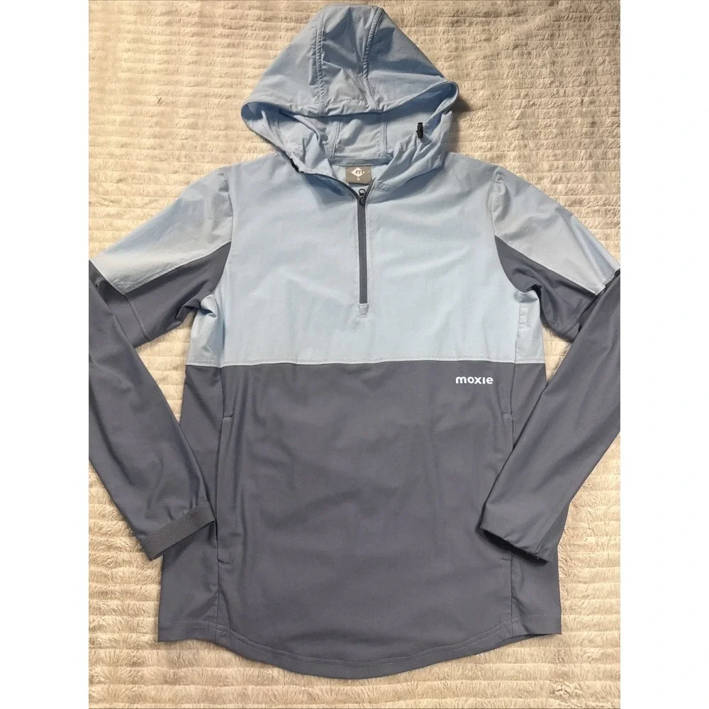 Moxie Hooded Windbreaker Pullover Men's S Sky Blue Colorblock Quarter Zip Light